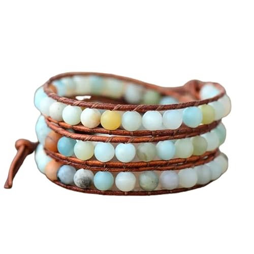 LIUYUYOUGO Armband Damen Böhmische Perlenarmbänder Für Frauen 6 Mm Mattes Natursteinleder Geschichtetes 3 Strang Wickelarmband Vintage Kristallperlen Edelsteinarmreif Freundschaftsschmuck Für Pa von LIUYUYOUGO