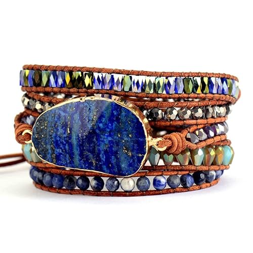LIUYUYOUGO Armband Damen Boho Armband Aus Naturstein Für Damen Und Herren Handgefertigt Mehrschichtiger Wickelarmreif Aus Leder Lapislazuli Kristallperlen Vintage Schmuck Mit Ethnischem Schliff von LIUYUYOUGO