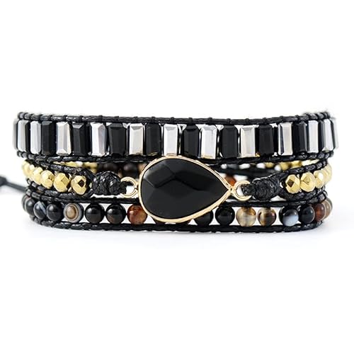 LIUYUYOUGO Armband Damen Boho Armband Aus Naturstein Für Damen Und Herren Handgefertigt Mehrschichtiger Wickelarmreif Aus Leder Tropfenanhänger Kristallperlenarmbänder Vintage Stil Ethnischer Ede von LIUYUYOUGO