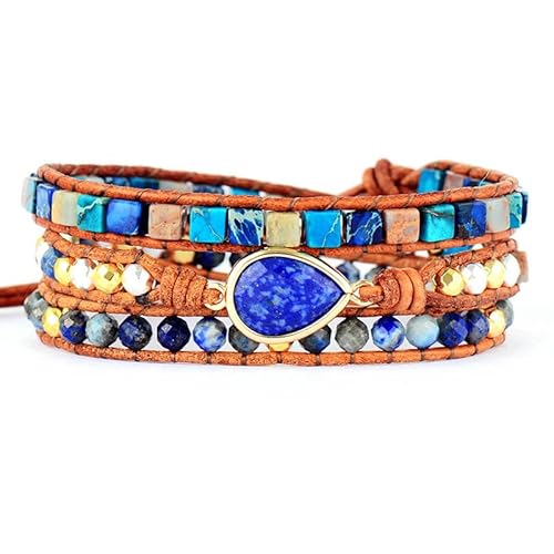 LIUYUYOUGO Armband Damen Boho Handgefertigte Wickelarmbänder Aus Naturstein Verstellbar Mehrlagiges Leder Geflochtenes Kristallperlenarmband Ethnisches Vintage Armband Mit Tropfenanhänger Chakra E von LIUYUYOUGO
