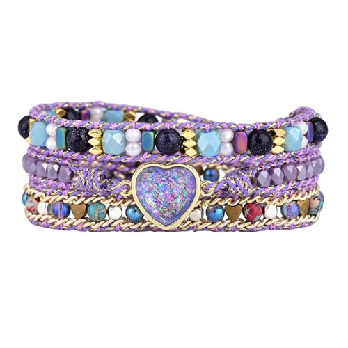 LIUYUYOUGO Armband Damen Boho Wickelarmbänder Aus Naturstein Für Damen Handgefertigt Funkelndes Herz Opal Kristallperlen Armband Mehrlagiges Leder Freundschaftsarmband Gewebt Luxuriöser Statement von LIUYUYOUGO