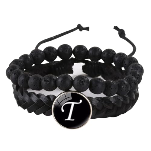 LIUYUYOUGO Armband Damen Herren Lederarmband Mit Initialen 2 Stück Naturstein Schwarze Lavakristall Perlenarmbänder Damenbuchstaben Az Charm Armreif Doppellagig Geflochtene Manschette Armband Schm von LIUYUYOUGO