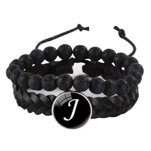 LIUYUYOUGO Armband Damen Herren Lederarmband Mit Initialen 2 Stück Naturstein Schwarze Lavakristall Perlenarmbänder Damenbuchstaben Az Charm Armreif Doppellagig Geflochtene Manschette Armband Schm von LIUYUYOUGO
