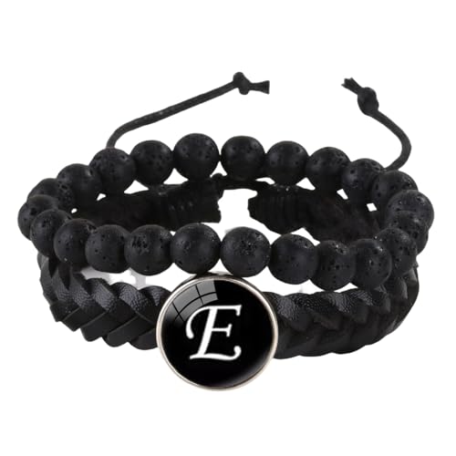 LIUYUYOUGO Armband Damen Herren Lederarmband Mit Initialen 2 Stück Naturstein Schwarze Lavakristall Perlenarmbänder Damenbuchstaben Az Charm Armreif Doppellagig Geflochtene Manschette Armband Schm von LIUYUYOUGO