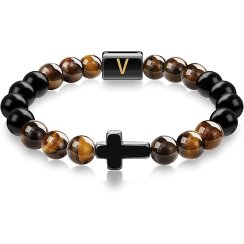 LIUYUYOUGO Armband Damen Kreuzarmband Mit Perlen Für Männer Natürlicher Tigerauge Obsidian Stein Armbänder Mit Dem Anfangsbuchstaben Az Kristall Stretch Perlen Armreif Meditation Gebet Yoga Edel von LIUYUYOUGO