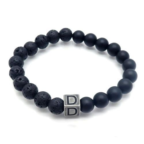 LIUYUYOUGO Armband Damen Naturstein Schwarzer Lava Achat Kristall Perlenarmband Buchstaben Az 8Mm Stretch Perlen Initialen Armbänder Distressed Square Charm Armreif Punk Antik Schmuck Für Männer von LIUYUYOUGO