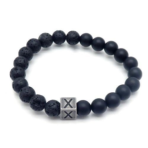 LIUYUYOUGO Armband Damen Naturstein Schwarzer Lava Achat Kristall Perlenarmband Buchstaben Az 8Mm Stretch Perlen Initialen Armbänder Distressed Square Charm Armreif Punk Antik Schmuck Für Männer von LIUYUYOUGO