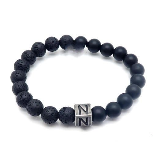 LIUYUYOUGO Armband Damen Naturstein Schwarzer Lava Achat Kristall Perlenarmband Buchstaben Az 8Mm Stretch Perlen Initialen Armbänder Distressed Square Charm Armreif Punk Antik Schmuck Für Männer von LIUYUYOUGO