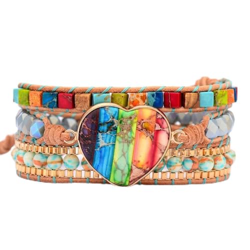 LIUYUYOUGO Armband Damen Naturstein Wickelarmband Für Damen Boho Herzanhänger Kristallperlenarmbänder Handgefertigt Geflochtenes Leder Stapelbare Manschettenarmreifen Mit Verschluss Ethnischer Hi von LIUYUYOUGO
