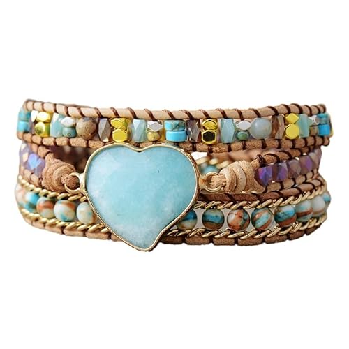 LIUYUYOUGO Armband Damen Naturstein Wickelarmband Für Damen Boho Herzanhänger Kristallperlenarmbänder Handgefertigt Geflochtenes Leder Stapelbare Manschettenarmreifen Mit Verschluss Ethnischer Hi von LIUYUYOUGO