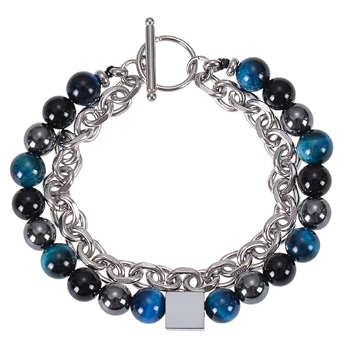 LIUYUYOUGO Armband Damen Perlenarmbänder Für Männer Doppellagige Kette Edelstein Kristall Armband Naturstein Turmalin Quadratischer Charm Stapelbarer Armreif Punk Statement Schmuck Geschenke Blau von LIUYUYOUGO