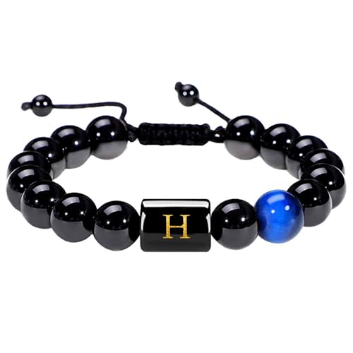 LIUYUYOUGO Armband Damen Perlenarmbänder Mit Initialen Für Damen Und Herren Buchstabe A Paar Perlenarmband Naturstein Blauer Tigerauge Obsidian Kristall Handgefertigt Geflochtener Armreif Modeschm von LIUYUYOUGO