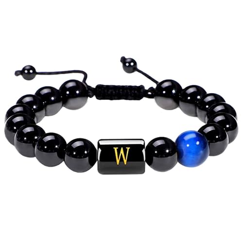 LIUYUYOUGO Armband Damen Perlenarmbänder Mit Initialen Für Damen Und Herren Buchstaben A–Z Paar Perlenarmband Naturstein Blauer Tigerauge Obsidian Kristall Handgefertigt Geflochtener Armreif Mode von LIUYUYOUGO