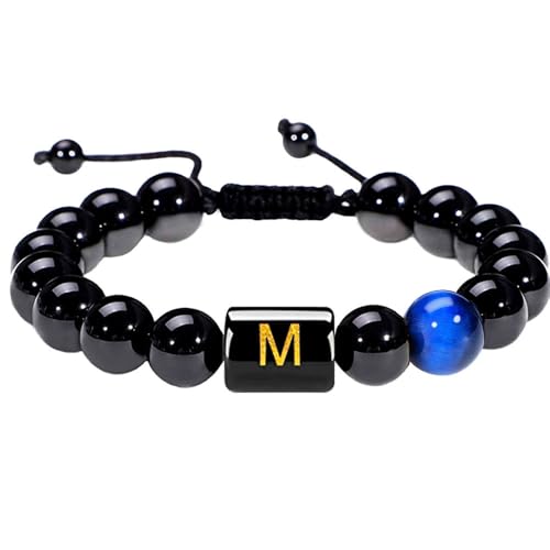 LIUYUYOUGO Armband Damen Perlenarmbänder Mit Initialen Für Damen Und Herren Buchstaben A–Z Paar Perlenarmband Naturstein Blauer Tigerauge Obsidian Kristall Handgefertigt Geflochtener Armreif Mode von LIUYUYOUGO