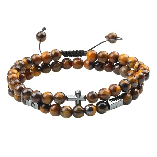 LIUYUYOUGO Armband Herren 2 Stück Christliches Armband Für Mich Naturstein Hämatit Charm Perlenarmbänder Glaube Yoga Beten Meditation Schutz Armreif Handarbeit Geflochtener Schmuck Geschenk Tige von LIUYUYOUGO