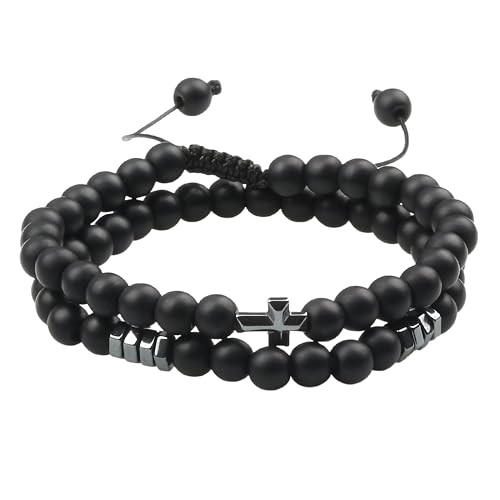 LIUYUYOUGO Armband Herren 2 Stück Christliches Armband Für Mich Naturstein Hämatit Charme Perlenarmbänder Glaube Yoga Beten Meditation Schutz Armreif Handgefertigt Geflochten Schmuck Geschenk Sc von LIUYUYOUGO