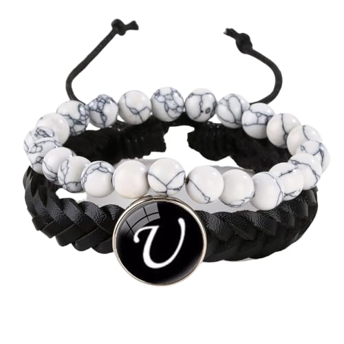 LIUYUYOUGO Armband Herren 2 Stück Herren Lederarmband Mit Initialen Naturstein Weiß Türkis Perlenarmbänder Damenbuchstaben Az Charm Armreif Doppellagig Geflochten Manschette Armband Schmuck Buch von LIUYUYOUGO