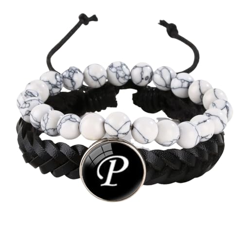 LIUYUYOUGO Armband Herren 2 Stück Herren Lederarmband Mit Initialen Naturstein Weiß Türkis Perlenarmbänder Damenbuchstaben Az Charm Armreif Doppellagig Geflochtene Manschette Armband Schmuck Buc von LIUYUYOUGO