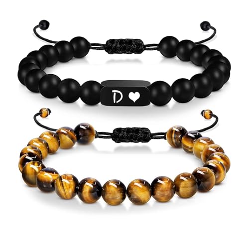 LIUYUYOUGO Armband Herren 2 Stück Initialen Perlenarmbänder Für Frauen Und Männer Gravierter Buchstabe Az Paararmband Naturstein Tigerauge Mattierter Obsidian Perlenarmreif Handgefertigt Gefloch von LIUYUYOUGO