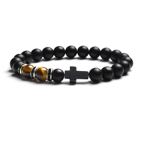 LIUYUYOUGO Armband Herren Armband Aus Natürlichem Tigerauge Steinperlen Für Damen Und Herren Schwarzer Achat Mattiertes Kreuz Rosenkranz Meditations Und Gebetsarmbänder Modisches Yoga Kristall Ed von LIUYUYOUGO