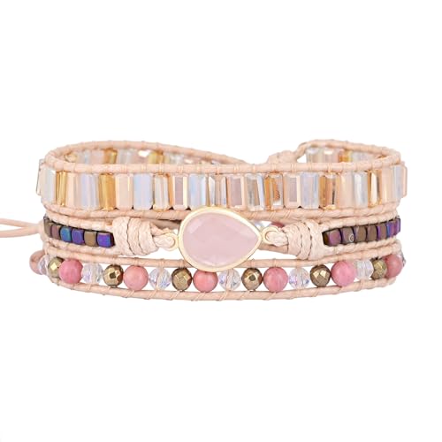 LIUYUYOUGO Armband Herren Boho Armband Aus Naturstein Für Damen Und Herren Handgefertigt Mehrschichtiger Wickelarmreif Aus Leder Tropfenanhänger Kristallperlenarmbänder Vintage Stil Ethnischer Ed von LIUYUYOUGO