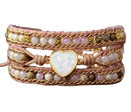 LIUYUYOUGO Armband Herren Boho Wickelarmbänder Aus Naturstein Für Damen Handgefertigt Funkelndes Herz Opal Kristallperlen Armband Mehrlagiges Leder Freundschaftsarmband Gewebt Luxuriöser Statemen von LIUYUYOUGO