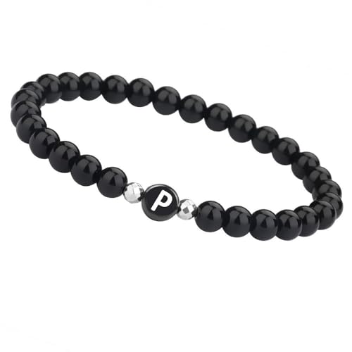 LIUYUYOUGO Armband Herren Damen Herren Perlenarmband Mit Initiale 6Mm Paar Perlen Armband Naturstein Schwarzer Achat Kristall Elastischer Armreif Mit Az Buchstabe Mode Edelsteine Schmuck Buchstabe P von LIUYUYOUGO