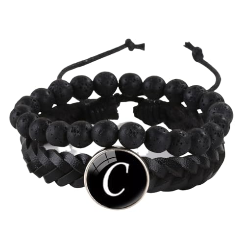 LIUYUYOUGO Armband Herren Herren Lederarmband Mit Initialen 2 Stück Naturstein Schwarze Lavakristall Perlenarmbänder Damenbuchstaben Az Charm Armreif Doppellagig Geflochtene Manschette Armband Sch von LIUYUYOUGO