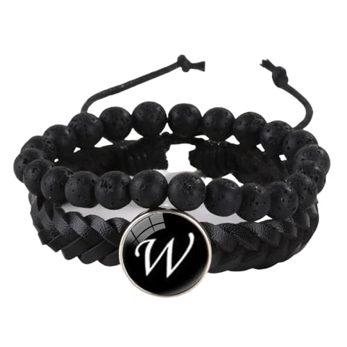 LIUYUYOUGO Armband Herren Herren Lederarmband Mit Initialen 2 Stück Naturstein Schwarze Lavakristall Perlenarmbänder Damenbuchstaben Az Charm Armreif Doppellagig Geflochtene Manschette Armband Sch von LIUYUYOUGO