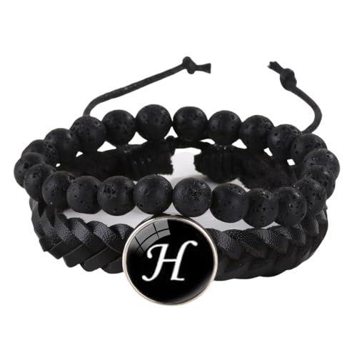 LIUYUYOUGO Armband Herren Herren Lederarmband Mit Initialen 2 Stück Naturstein Schwarze Lavakristall Perlenarmbänder Damenbuchstaben Az Charm Armreif Doppellagig Geflochtene Manschette Armband Sch von LIUYUYOUGO