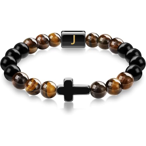 LIUYUYOUGO Armband Herren Kreuzarmband Mit Perlen Für Männer Natürlicher Tigerauge Obsidian Stein Armbänder Mit Dem Anfangsbuchstaben Az Kristall Stretch Perlen Armreif Meditation Gebet Yoga Ede LIUYUYOUGO Armband Herren Kreuzarmband Mit Perlen Für Männer Natürlicher Tigerauge Obsidian Stein Armbänder Mit Dem Anfangsbuchstaben Az Kristall Stretch Perlen Armreif Meditation Gebet Yoga Ede von LIUYUYOUGO