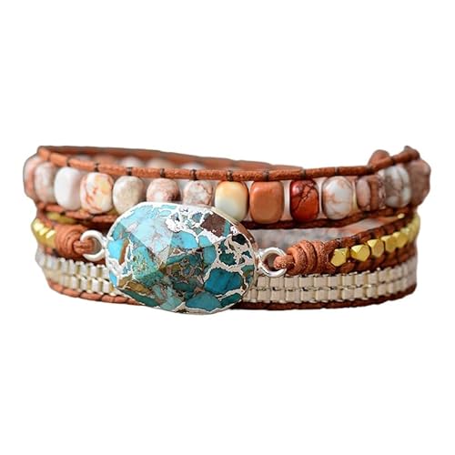 LIUYUYOUGO Armband Herren Naturstein Boho Armband Für Damen Handgefertigt Mehrlagiges Leder Perlenstrang Wickel Energiearmbänder Türkisfarbene Kristall Edelsteine Armreif Freundschaftsgeflecht Sc von LIUYUYOUGO