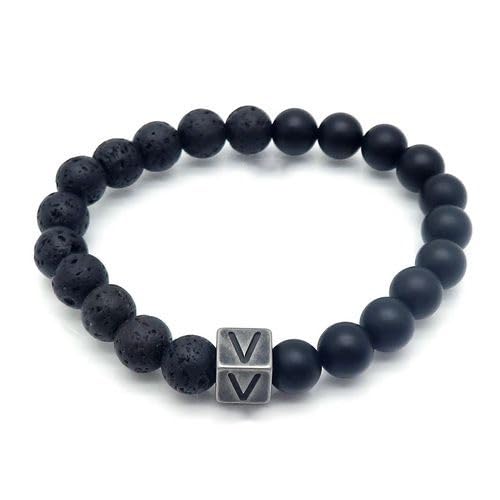 LIUYUYOUGO Armband Herren Naturstein Schwarzer Lava Achat Kristall Perlenarmband Buchstaben Az 8Mm Stretch Perlen Initialen Armbänder Distressed Square Charm Armreif Punk Antik Schmuck Für Männer von LIUYUYOUGO