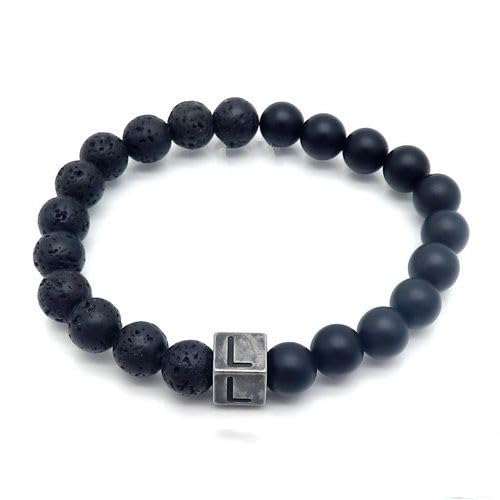 LIUYUYOUGO Armband Herren Naturstein Schwarzer Lava Achat Kristall Perlenarmband Buchstaben Az 8Mm Stretch Perlen Initialen Armbänder Distressed Square Charm Armreif Punk Antik Schmuck Für Männer von LIUYUYOUGO