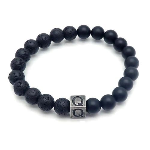 LIUYUYOUGO Armband Herren Naturstein Schwarzer Lava Achat Kristall Perlenarmband Buchstaben Az 8Mm Stretch Perlen Initialen Armbänder Distressed Square Charm Armreif Punk Antik Schmuck Für Männer von LIUYUYOUGO
