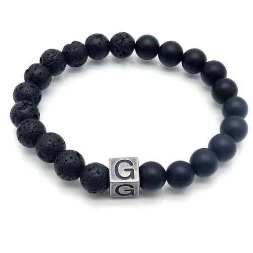 LIUYUYOUGO Armband Herren Naturstein Schwarzer Lava Achat Kristall Perlenarmband Buchstaben Az 8Mm Stretch Perlen Initialen Armbänder Distressed Square Charm Armreif Punk Antik Schmuck Für Männer von LIUYUYOUGO