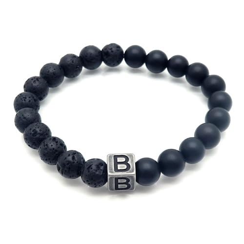 LIUYUYOUGO Armband Herren Naturstein Schwarzer Lava Achat Kristall Perlenarmband Buchstaben Az 8Mm Stretch Perlen Initialen Armbänder Distressed Square Charm Armreif Punk Antik Schmuck Für Männer von LIUYUYOUGO