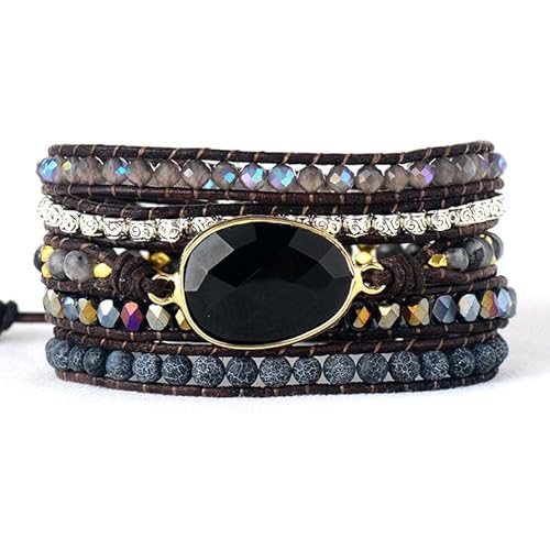 LIUYUYOUGO Armband Herren Naturstein Wickelarmband Für Damen Und Herren Boho Handgefertigt Mehrschichtig 5 Strängig Wickelarmbänder Vintage Charme Kristallperlen Armreif Facetten Edelsteine Ethni von LIUYUYOUGO