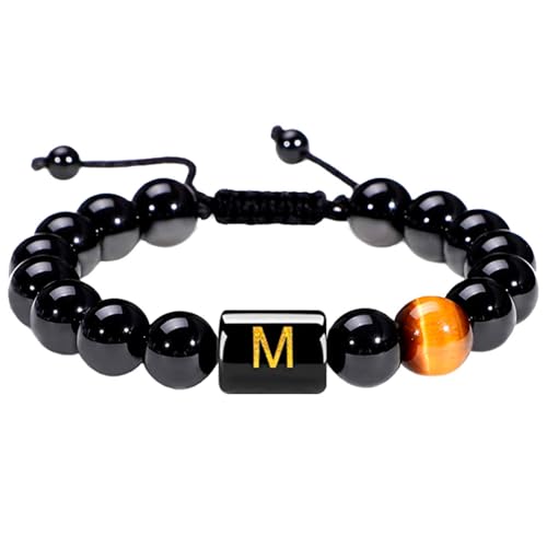 LIUYUYOUGO Armband Herren Perlenarmbänder Mit Initialen Für Damen Und Herren Buchstabe A Paar Perlenarmband Naturstein Tigerauge Schwarzer Obsidian Kristall Handgefertigt Geflochtener Armreif Mode von LIUYUYOUGO