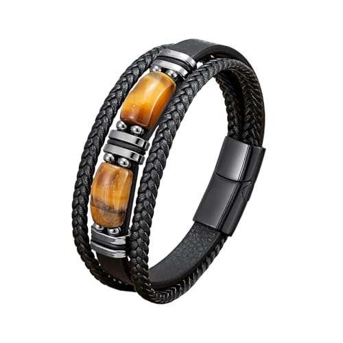 LIUYUYOUGO Armband Herren Tigerauge Lederarmband Für Herren Retro Punk Mehrschichtiges Webseil Armband Natürlicher Edelstein Kristallstein Armreif Handgefertigt Schutzschmuck Geschenk Gelb von LIUYUYOUGO