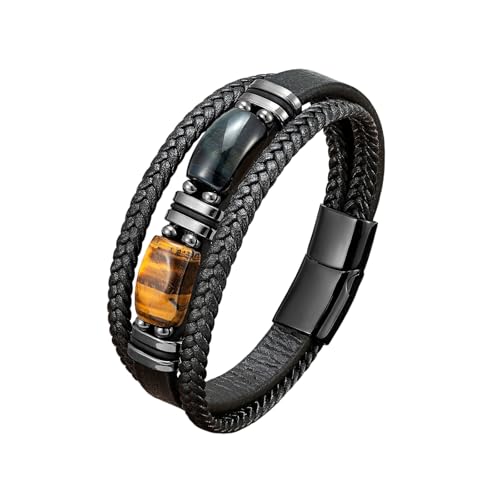 LIUYUYOUGO Armband Herren Tigerauge Lederarmband Für Herren Retro Punk Mehrschichtiges Webseil Armband Natürlicher Edelstein Kristallstein Armreif Handgefertigt Schutzschmuck Geschenk Gelbgrün von LIUYUYOUGO
