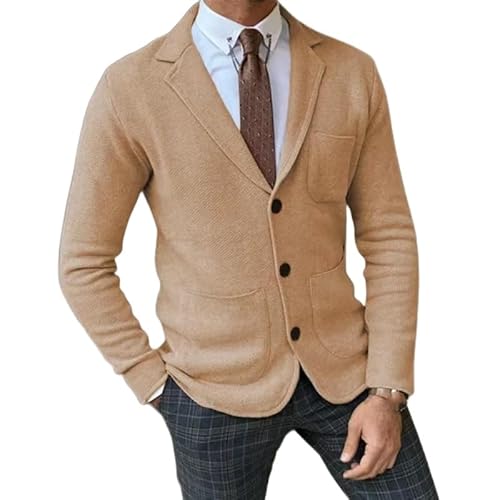 LIUYUYOUGO Blazer Herren,Herren Blazer Smart Casual Slim Fit Strickblazer Elegant Einreihig Strickjacke Strickjacke Einfarbig Langärmelig Sportmantel Business Anzug Jacken Oberteile Mit Taschen KHA von LIUYUYOUGO