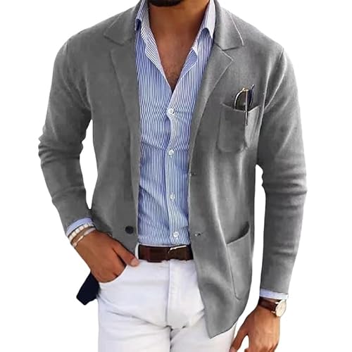 LIUYUYOUGO Blazer Herren,Herren Blazer Smart Casual Slim Fit Strickblazer Eleganter Zwei Knopf Cardigan Strickjacke Einfarbig Langarm Sportmantel Business Anzugjacken Oberteile Mit Taschen Hellgrau von LIUYUYOUGO