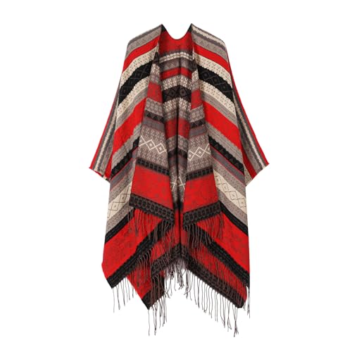 LIUYUYOUGO Cape Damen,Fransenponcho Damen Übergroßer Schal Wickelschal Aztekenstreifen Gestrickter Umhang Wickeldecke Vintage Geometrie Offene Vorderseite Strickjacke Pullover Herbst Winter Warmer von LIUYUYOUGO