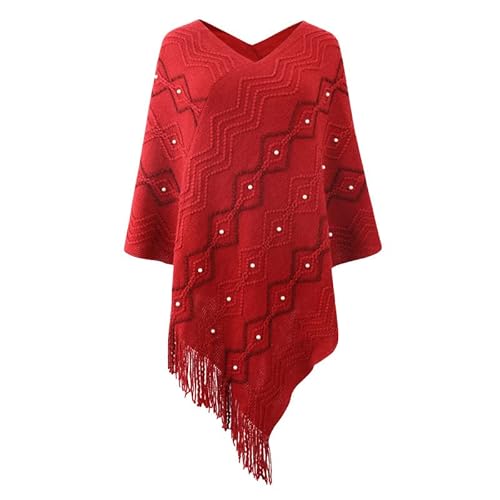 LIUYUYOUGO Cape Damen,Ponchos Für Damen Schals Wickel Geriffelter Jacquard Häkelponcho Mantel Perlen Eleganter Strickumhang Mit Fransen Weicher Strickpullover Für Herbst Und Winter Strickoberteil von LIUYUYOUGO