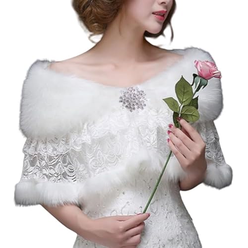LIUYUYOUGO Cape Damen Damen Winter Kunstpelz Schal Stola Hochzeit Braut Cape Weiß Spleißen Spitze Plüsch Shrug Bolero 1920Er Jahre Tippet Kragen Schal Wraps Brautjungfer Stola Für Abendparty von LIUYUYOUGO
