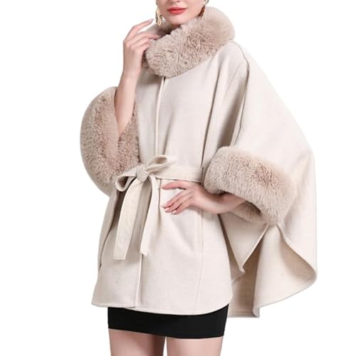LIUYUYOUGO Cape Damen Kunstpelz Wickelschal Damen Große Cape Stola Mit Pelzkragen Gürtel Strickponcho Mantel Eleganter Warmer Strickjacke Pullover Winter Wollmantel Ruana Umhang Beige von LIUYUYOUGO