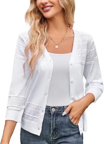 LIUYUYOUGO Cardigan Damen, Kurzer Damen Cardigan Für Den Sommer Elegante Kurzarm Knöpfe Häkel Strick Shrugs Jacke Weiß Hohles Sommer Strickshirt Für Den Täglichen Gebrauch Im Büro Leichte BOL von LIUYUYOUGO