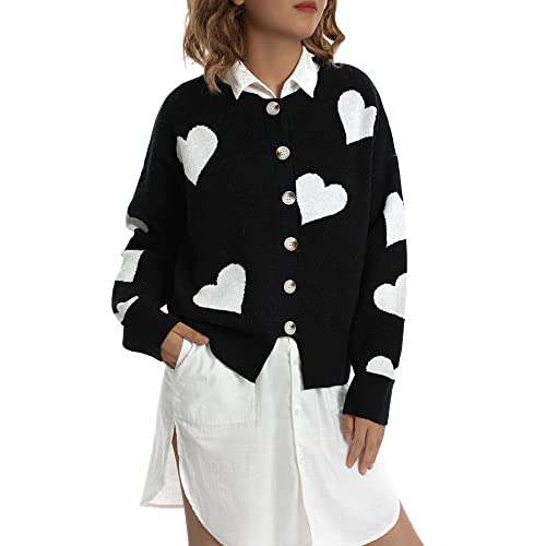 LIUYUYOUGO Cardigan Damen,Damen Strickjacken Mode Kurz Schwarz Herz Jacquard Knopf Vorne Offen Pullover Strickjacke Herbst Winter Elegant Weich Langarm Strick Oberbekleidung Jacke Mantel,S von LIUYUYOUGO