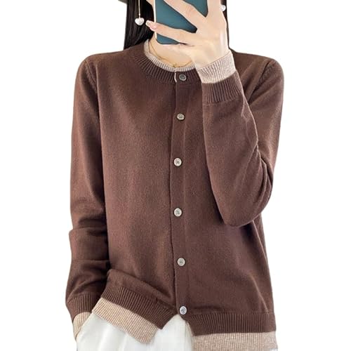 LIUYUYOUGO Cardigan Damen,Leichter Rundhals Cardigan Für Damen Kontrastfarbener Spleißpullover Langärmliger Offener Cardigan Vorne Lockerer Weicher Herbst Strickpullover Oberteile Kaffee M von LIUYUYOUGO